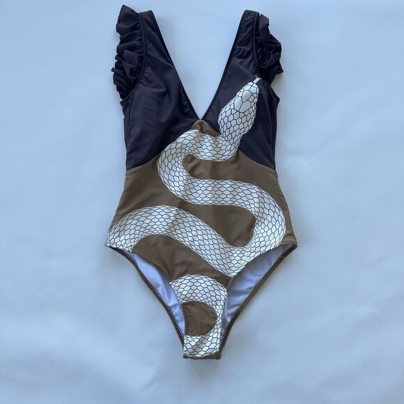 AVERIE Corina Plunge One Piece Ruffle Snake Design Swimsuit Medium Msrp $135 - Picture 4 of 7